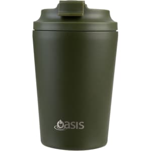 An insulated coffee cup in olive green with a lid, featuring a branding logo on the front.