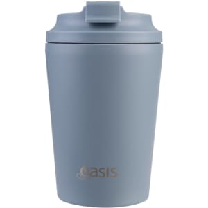 A drink bottle in a muted blue shade with a lid and an embossed logo on the front.