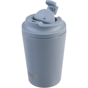 A drink bottle in light blue with a spill-proof lid and a logo, featuring a ceramic lining for insulation.