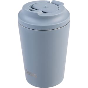 A drink bottle in a light blue finish with a ceramic lining and a secure lid, featuring a logo.