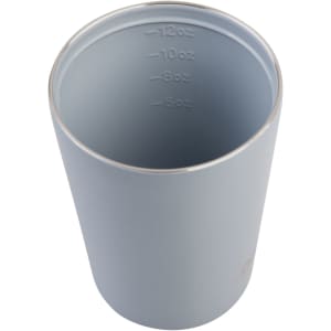 A ceramic lined insulated coffee cup in light blue, featuring measurement markings on the interior and a logo.
