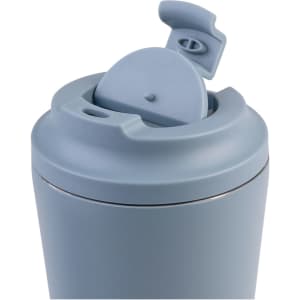 A drink bottle features a light blue ceramic-lined exterior and a flip-top lid with a drinking spout, along with a logo.