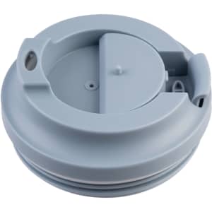 A grey coffee cup lid with a sliding opening and a small hole, featuring a logo on the side.