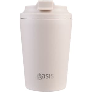 A drink bottle in a soft beige colour with a lid and a branding logo on the front.
