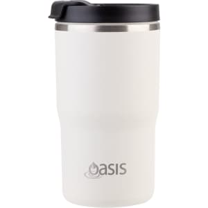 A drink bottle featuring a white body and black lid, with a logo on the front.