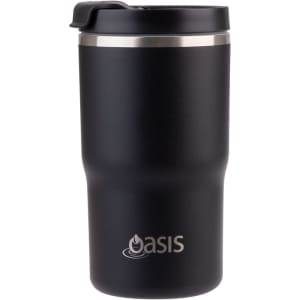 A drink bottle in matte black with a stainless steel band and a branded logo. 480ml capacity, vacuum insulated design.