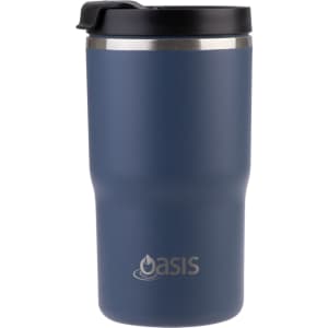 A drink bottle featuring a navy blue exterior and a black lid, with a logo on the front.
