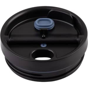 A drink bottle lid in black with a blue seal and a push-button opening mechanism. It features a logo.