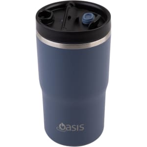 A drink bottle in navy blue with a black lid and a logo. It features a wide mouth and a drinking spout.