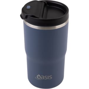 A drink bottle with a matte navy body, stainless steel rim, and a black lid featuring a logo.