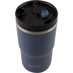 A drink bottle with a dark blue exterior and a black lid, featuring a logo and a spill-resistant design.