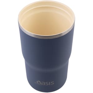 A drink bottle in navy blue with a stainless steel interior and an embossed logo.