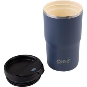 A drink bottle in navy blue with a stainless steel inner and a black lid. It features a logo.
