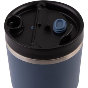 A drink bottle with a blue exterior, black lid, and a straw opening, featuring a logo on the surface.