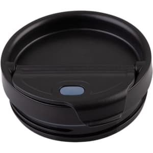 A drink bottle lid in black with a blue button, featuring a smooth, rounded design and a threaded base.