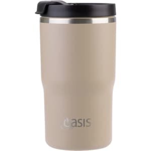 A drink bottle in a light beige colour with a silver band and black lid, featuring a logo.