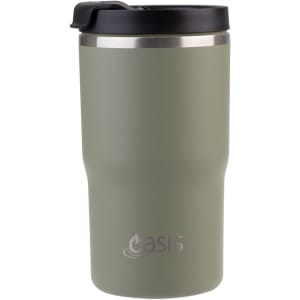 A drink bottle in olive green with a stainless steel band and a black lid, featuring a logo.