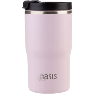 A drink bottle featuring a light pink finish, stainless steel interior, and a black lid with a branding logo.
