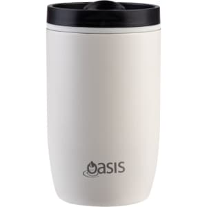 A drink bottle in white with a black lid and a logo, designed for insulated travel use.