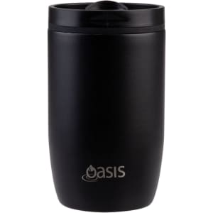 A drink bottle in matte black with a lid, featuring an insulated design and a branding logo.