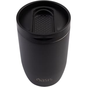 A drink bottle in sleek black, featuring a leakproof lid and a brand logo on the front. Ideal for travel.