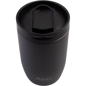 A drink bottle in matte black with an insulated design and a leakproof lid, featuring a logo.