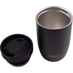 A drink bottle featuring a black insulated design, with a removable leakproof lid and a stainless steel interior.