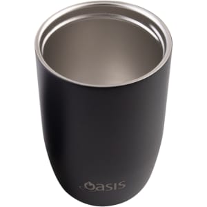 A drink bottle with a matte black exterior and a stainless steel interior, featuring a logo at the base.