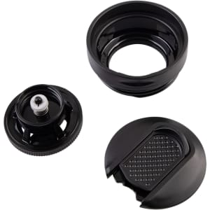 A drink bottle lid and components in black, featuring a textured grip and leakproof design. Includes an inner seal.