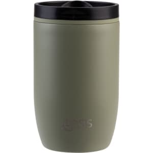 A drink bottle featuring a matte olive green finish with a black lid and a logo. Insulated and leakproof design.