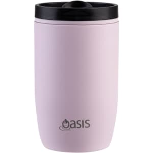 A drink bottle in soft pink with a black lid, featuring a logo on the front. Insulated and leakproof design.
