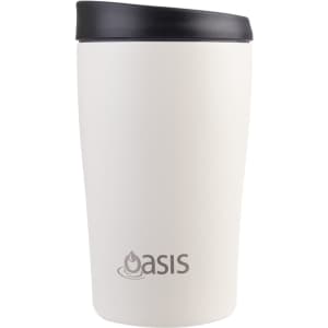 A drink bottle featuring a sleek, white design with a black lid and a branding logo on the front.