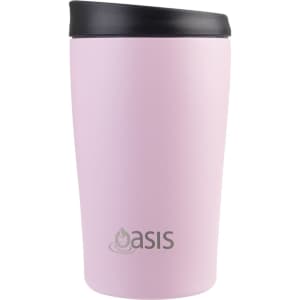 A drink bottle in a soft pink colour with a black lid and a logo.