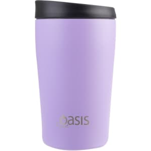 A drink bottle in a light purple colour with a black lid and a logo on the side.