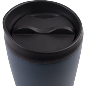 A drink bottle featuring a navy exterior and a black spill-proof lid, with a logo on the surface.