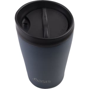 A drink bottle featuring a dark blue exterior, a black lid, and a logo on the side.