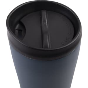 A drink bottle featuring a dark blue body and a black lid with a drinking spout and a logo.