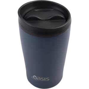 A drink bottle with a curved design in matte navy blue and a black lid, featuring a logo on the side.