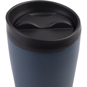 A drink bottle featuring a dark blue exterior and a black lid with a smooth, curved opening. It has a logo.
