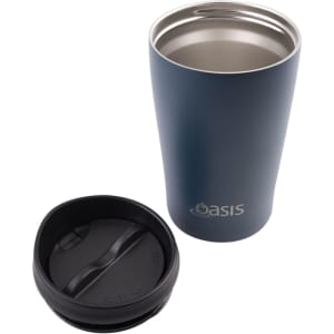 A drink bottle featuring a navy blue exterior and a stainless steel interior, with a black lid.