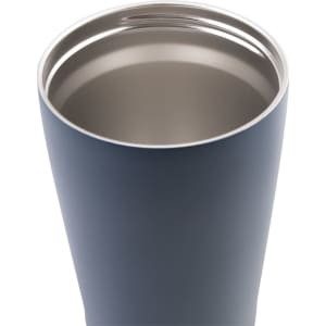 A drink bottle featuring a navy exterior and a stainless steel interior, with a logo on the surface.