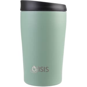 A drink bottle in a soft mint green colour with a black lid and a logo on the front.