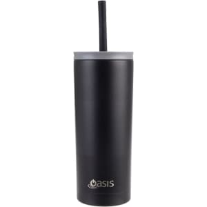 A drink bottle featuring a sleek black design, with a straw and a branding logo at the base.