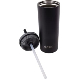 A drink bottle featuring a sleek black design, with a removable lid and straw, and a logo incorporated.