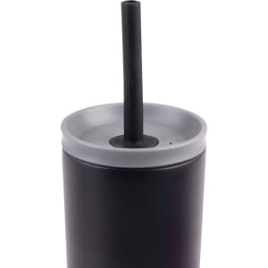A drink bottle featuring a sleek black design with a grey lid and a black straw. It has a logo on the side.
