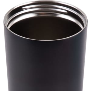A drink bottle featuring a sleek black exterior with a metallic interior, showcasing the inner design.