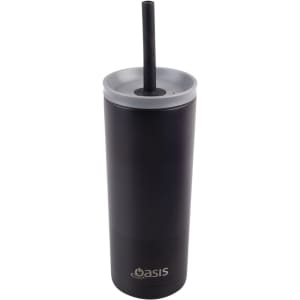 A drink bottle featuring a black finish, a straw, and a lid, with a logo on the front.