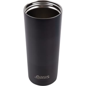 A drink bottle in matte black finish, featuring a stainless steel interior and a logo near the base.