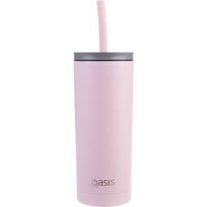A drink bottle in pastel pink with a straw and a grey lid, featuring a logo on the base.