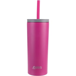 A drink bottle in vibrant pink with a grey lid and a straw, featuring a logo on its body.